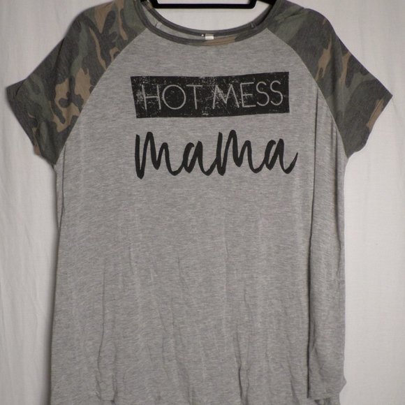 Grateful Hearts Tops - Grateful Hearts Grey & Camo XL Short Sleeve Hot Mess Mama Print T